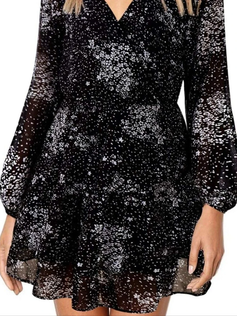 Floral Swing Ruffle Long Sleeve Faux Wrap Party Mini Dress Women's Sz M Pretty